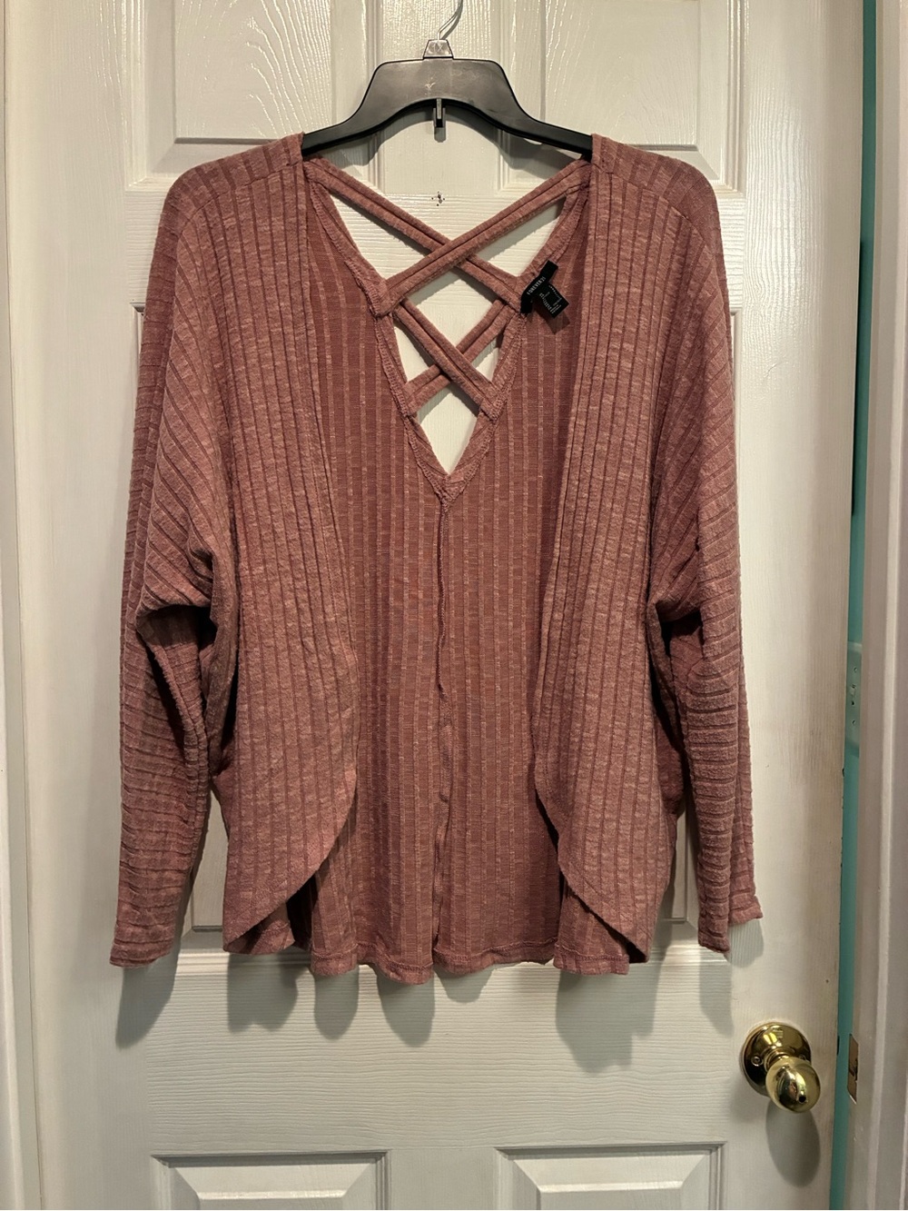 Forever 21 Crisscross V-Neck Ribbed Sweater - Mauve Pink